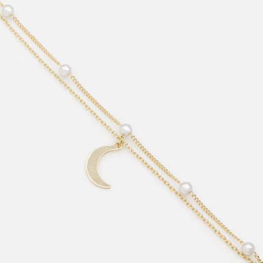 PL253B025GL - Golden double chain necklace pearls & moon charm