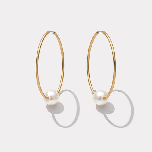 Thin golden hoop earrings with round pearl - PL253E002GL