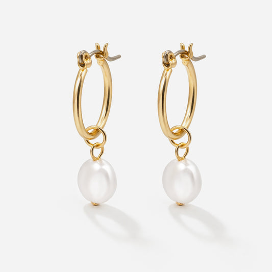 Golden hoop earrings with flat pearl charm - PL253E009GL