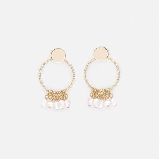 PL253E010GL - Golden textured circles with pearl fringe earrings