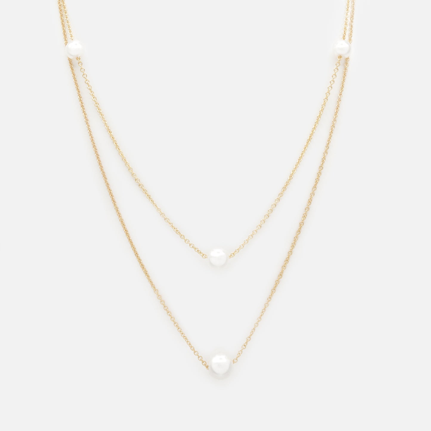 Golden double chain necklace with round pearls - PL253N015GL