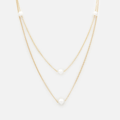 Golden double chain necklace with round pearls - PL253N015GL