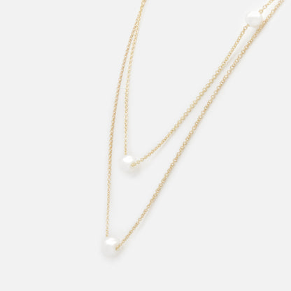 Golden double chain necklace with round pearls - PL253N015GL