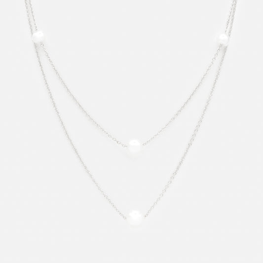 Silvered double chain necklace with round pearls - PL253N016SL