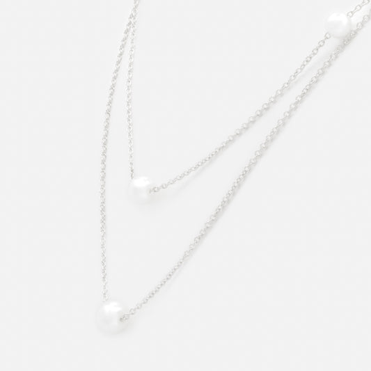 Silvered double chain necklace with round pearls - PL253N016SL