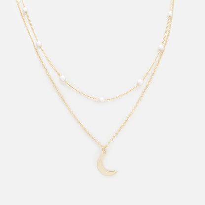 PL253N021GL - Collier doré double chaîne perles & breloque lune