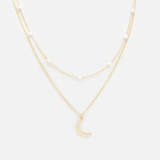 PL253N021GL - Golden double chain necklace pearls & moon charm