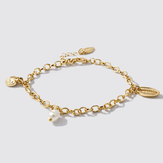 Gold-Tone Bracelet with Seashell and Pearl Charms