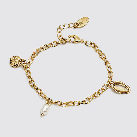 Gold-Tone Bracelet with Seashell and Pearl Charms