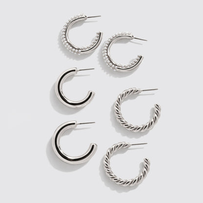 Set of 3 Silver-Tone Hoop Earrings