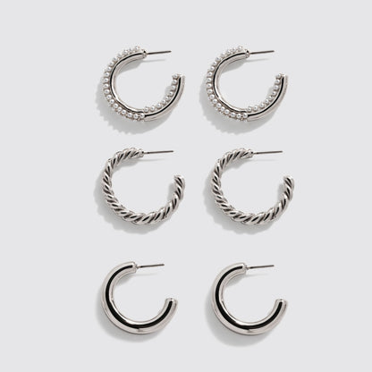 Set of 3 Silver-Tone Hoop Earrings