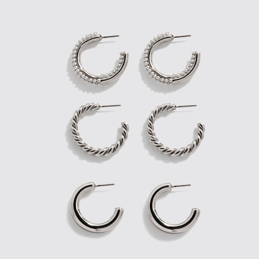 Set of 3 Silver-Tone Hoop Earrings