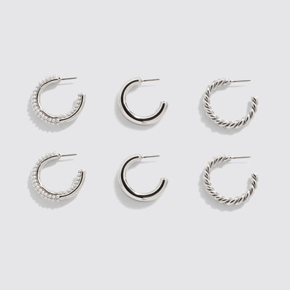 Set of 3 Silver-Tone Hoop Earrings