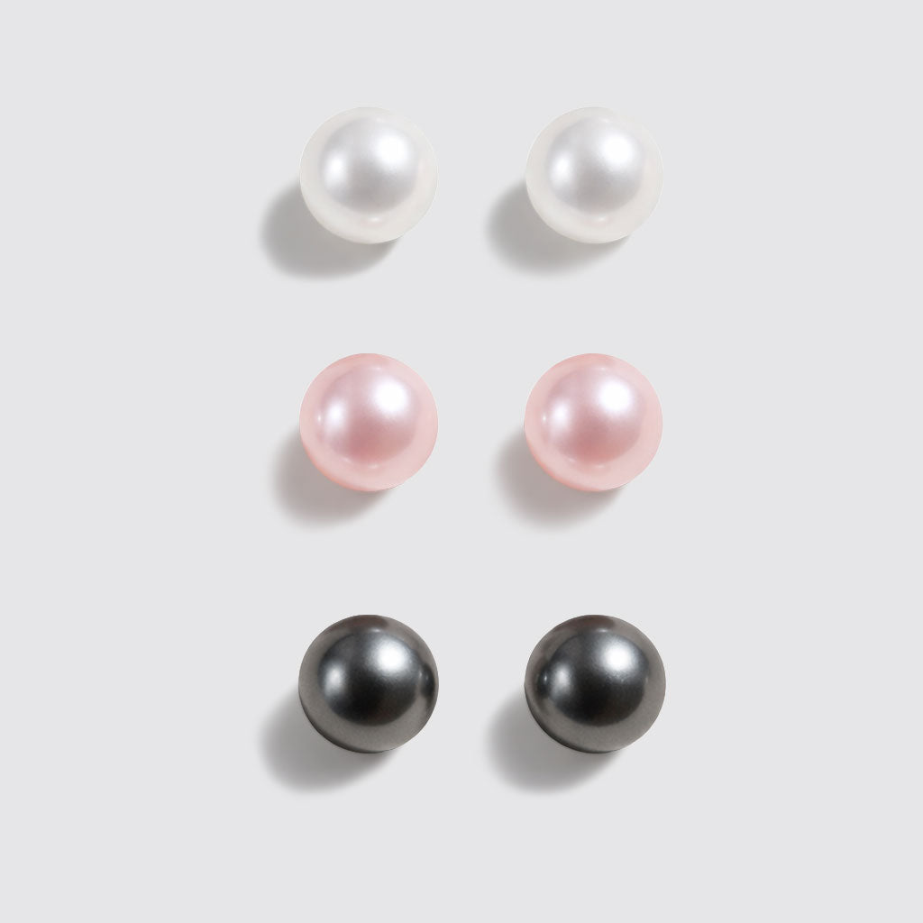 Set of 3 Stud Earrings with White, Pink and Black Pearls
