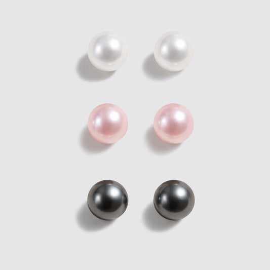 Set of 3 Stud Earrings with White, Pink and Black Pearls