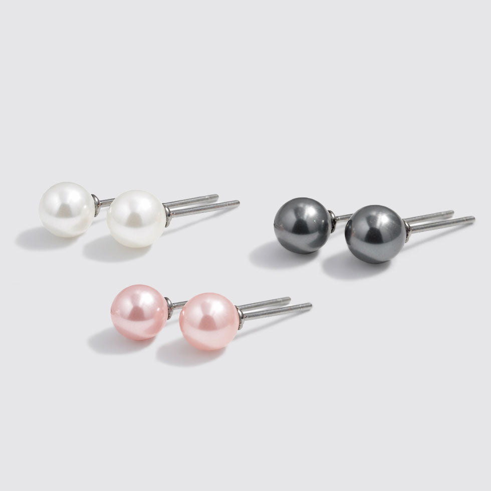 Set of 3 Stud Earrings with White, Pink and Black Pearls