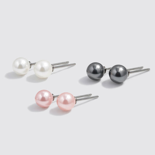 Set of 3 Stud Earrings with White, Pink and Black Pearls