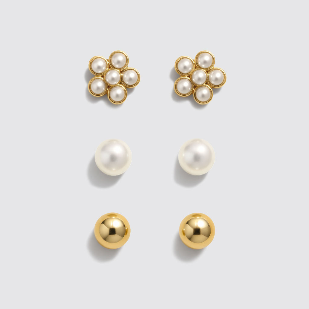 Set of 3 Gold-Tone Stud Earrings with Pearls and Flowers
