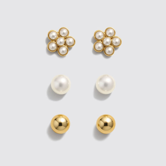Set of 3 Gold-Tone Stud Earrings with Pearls and Flowers