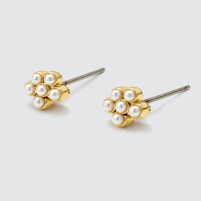 Set of 3 Gold-Tone Stud Earrings with Pearls and Flowers