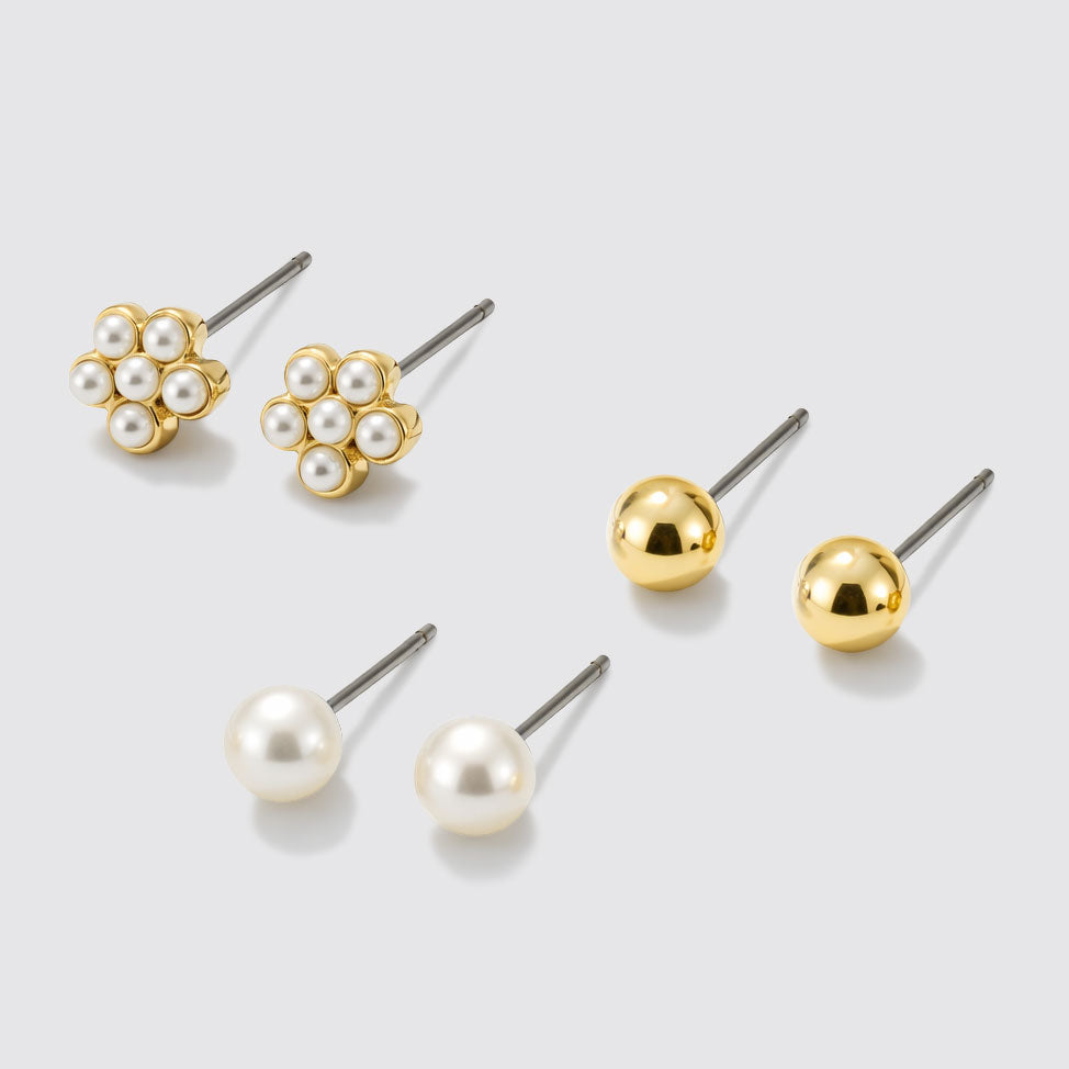 Set of 3 Gold-Tone Stud Earrings with Pearls and Flowers