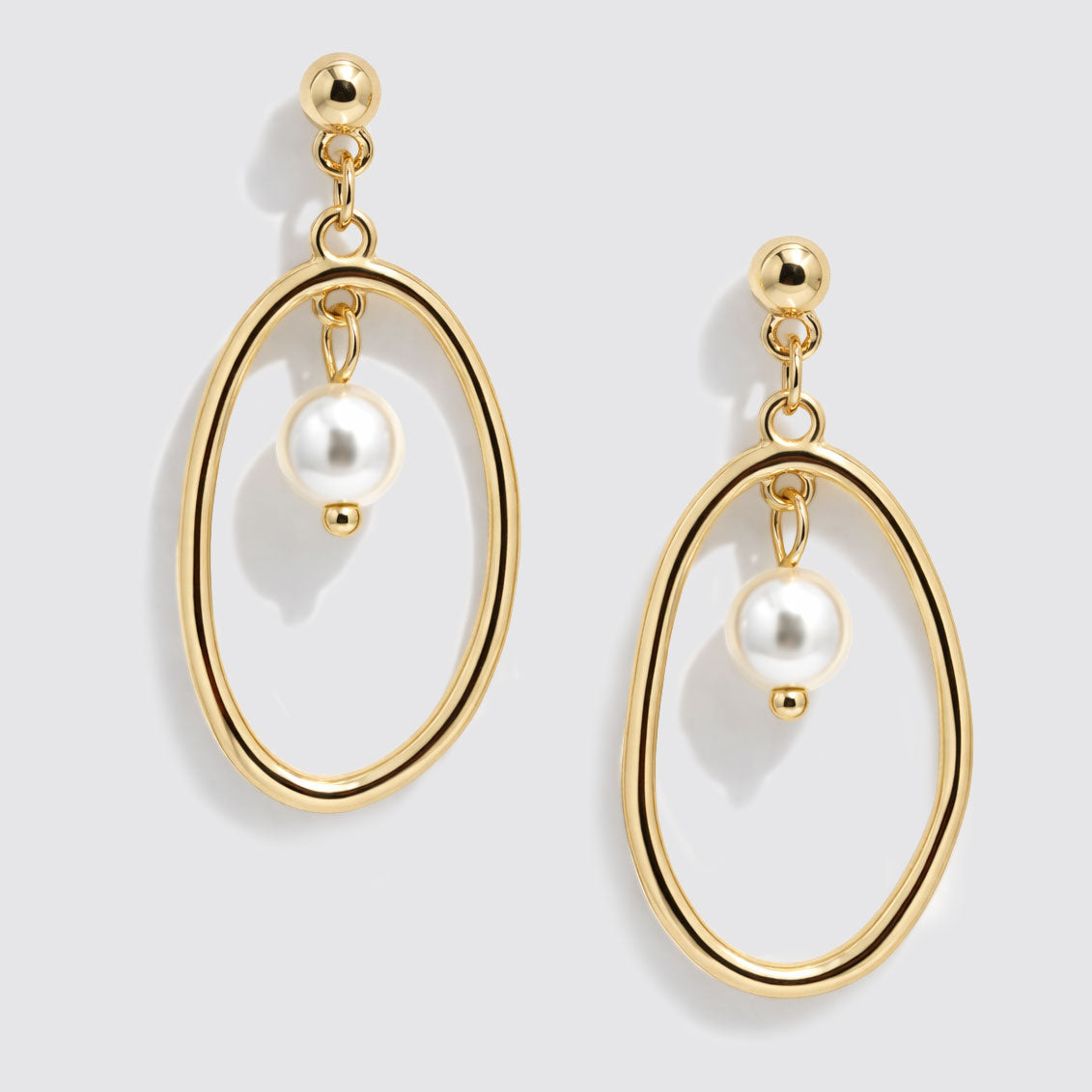 Gold-Tone Oval Stud Earrings with Hanging Pearl