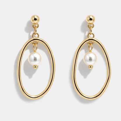 Gold-Tone Oval Stud Earrings with Hanging Pearl
