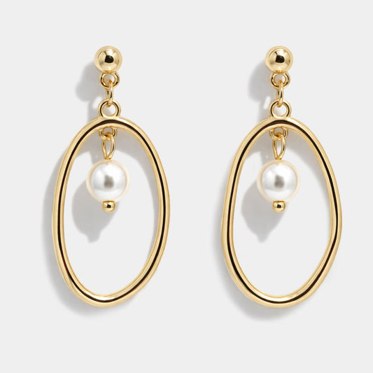 Gold-Tone Oval Stud Earrings with Hanging Pearl