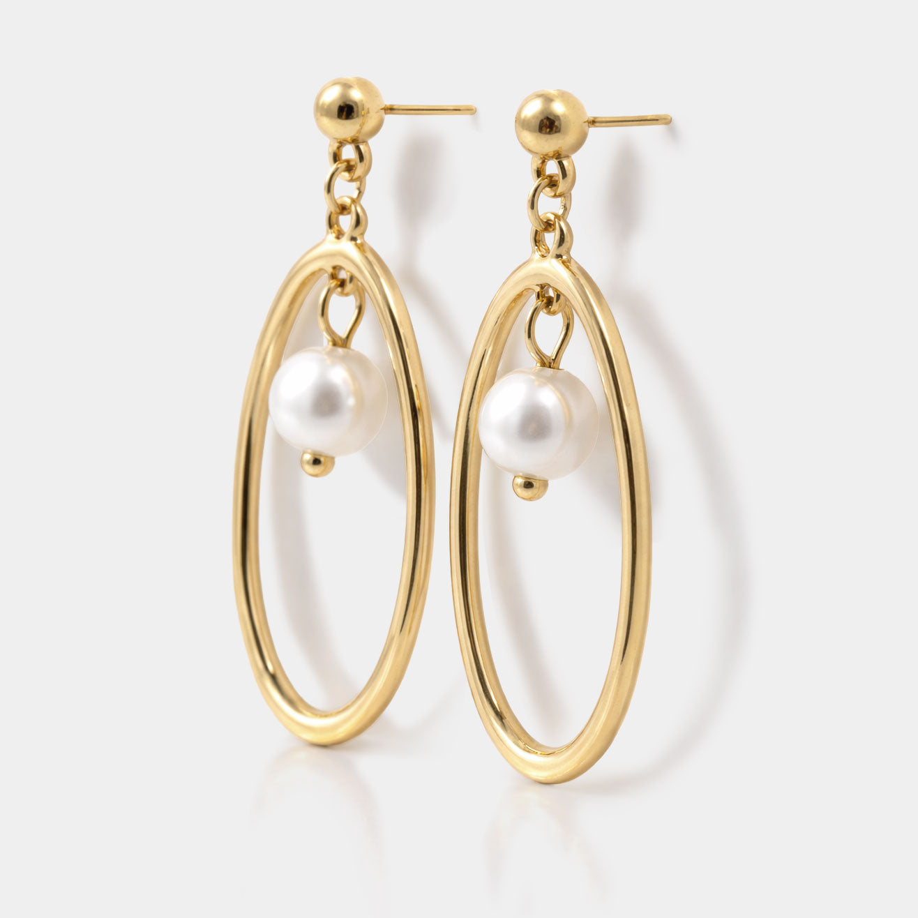 Gold-Tone Oval Stud Earrings with Hanging Pearl