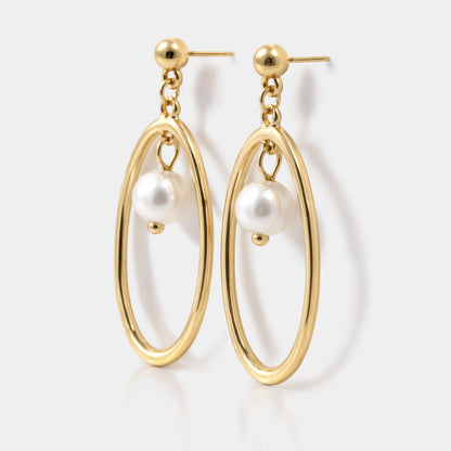 Gold-Tone Oval Stud Earrings with Hanging Pearl