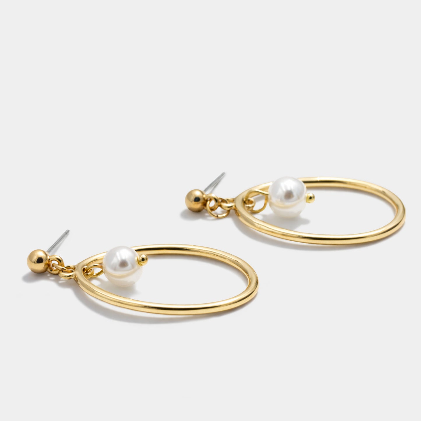 Gold-Tone Oval Stud Earrings with Hanging Pearl