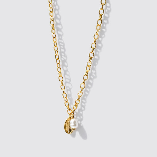 Delicate Golden Necklace with Seashell and Pearl Charms