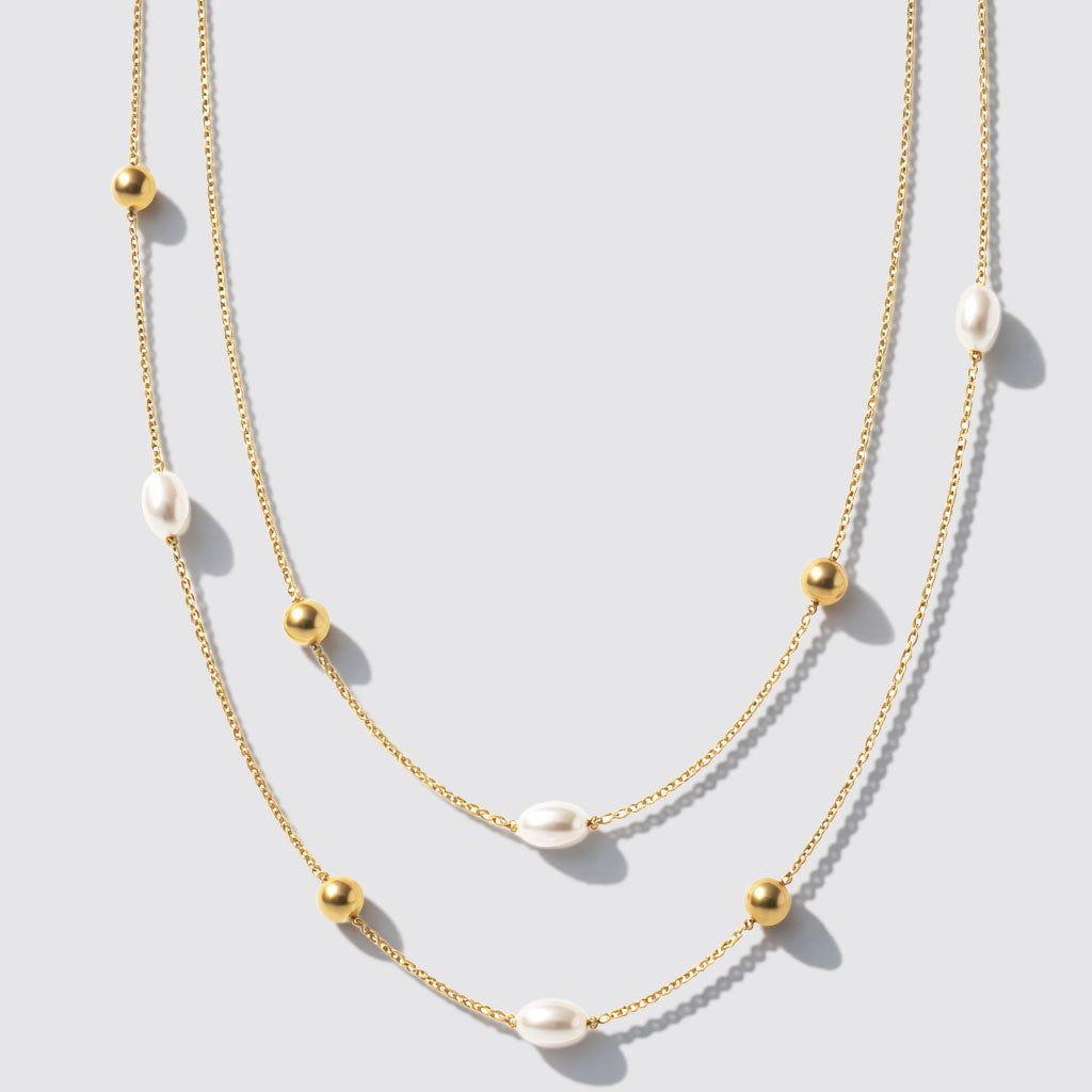 Golden Double-Row Necklace with Pearls and Beads