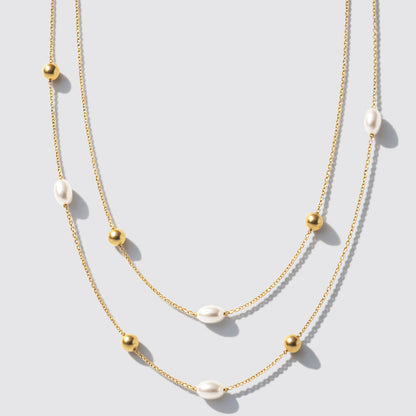 Golden Double-Row Necklace with Pearls and Beads