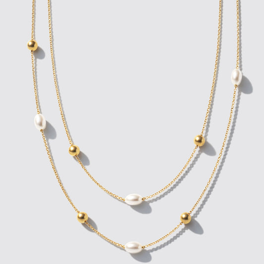Golden Double-Row Necklace with Pearls and Beads