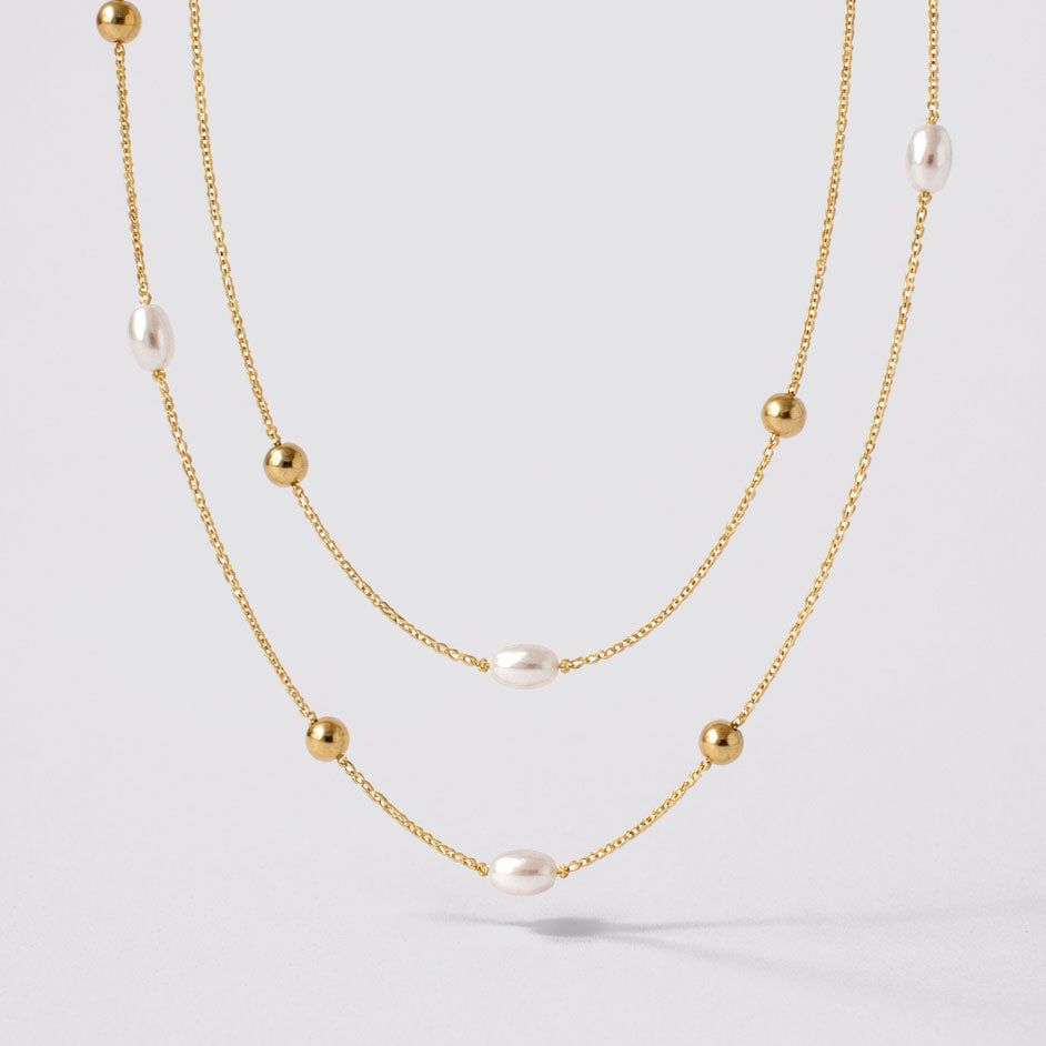 Golden Double-Row Necklace with Pearls and Beads