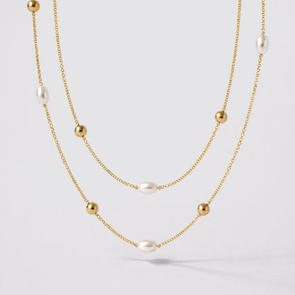Golden Double-Row Necklace with Pearls and Beads