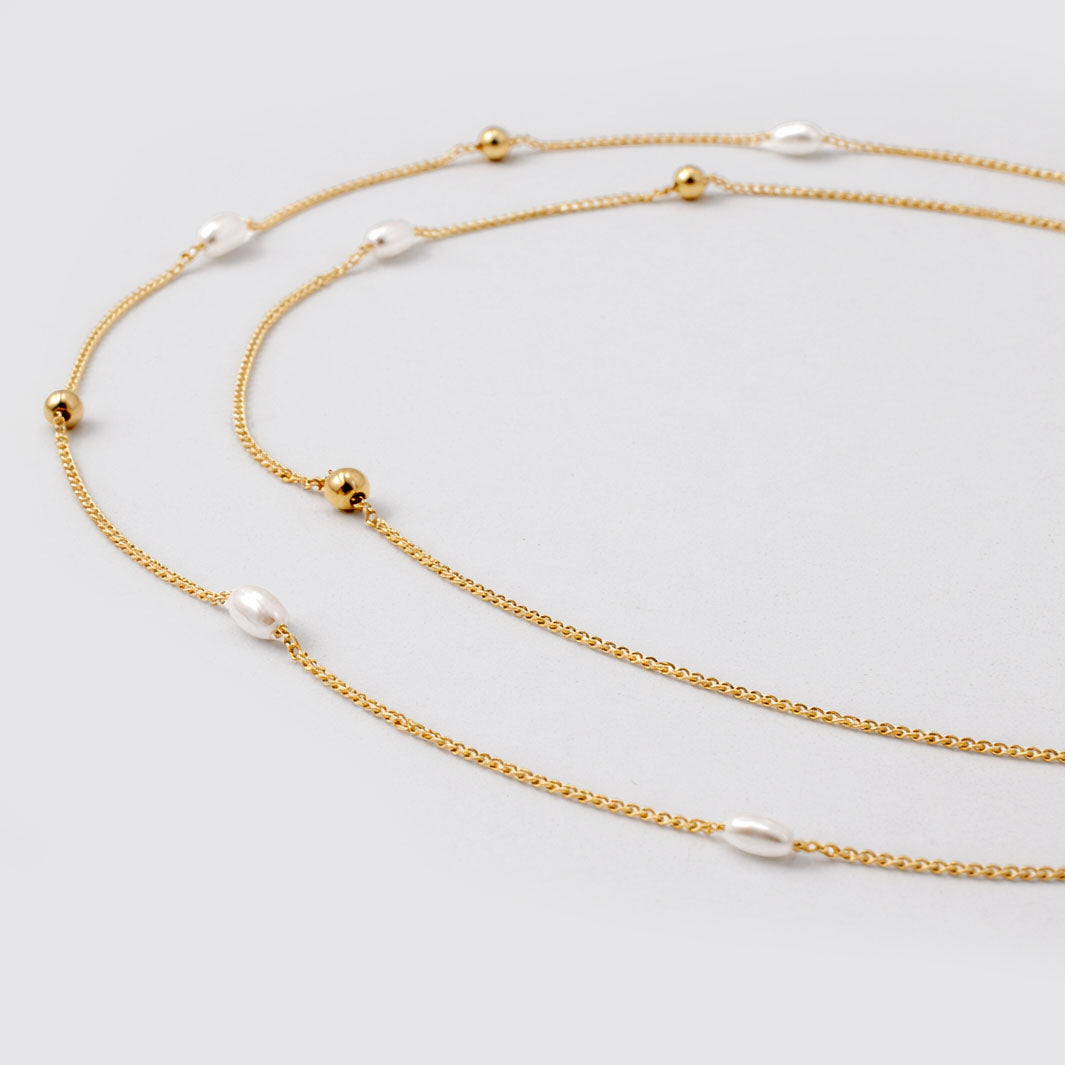 Golden Double-Row Necklace with Pearls and Beads