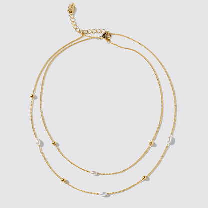 Golden Double-Row Necklace with Pearls and Beads