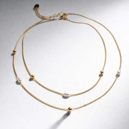 Golden Double-Row Necklace with Pearls and Beads
