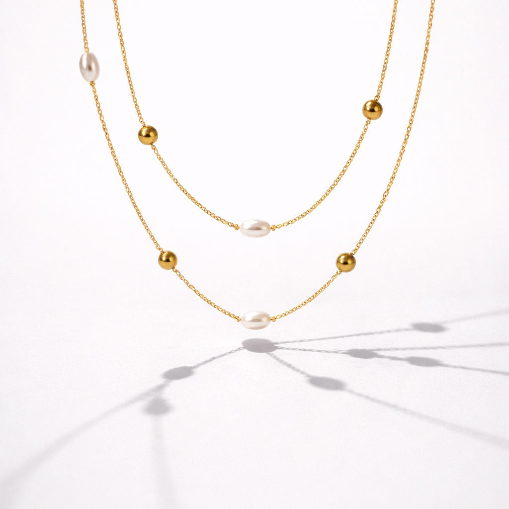 Golden Double-Row Necklace with Pearls and Beads