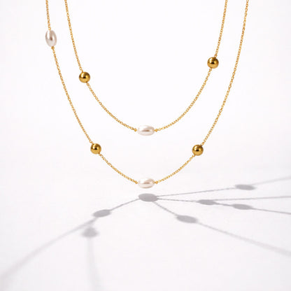 Golden Double-Row Necklace with Pearls and Beads