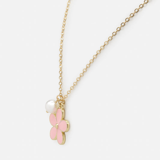 Pink flower & pearl golden necklace - PR251N026GL