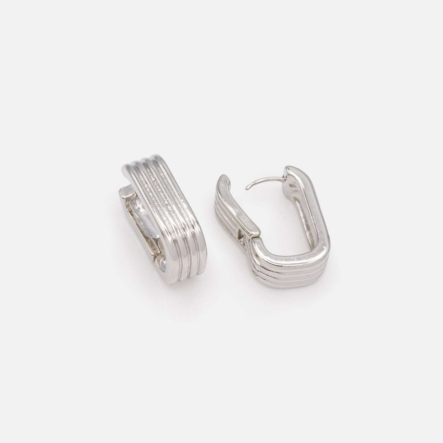 PR253E002SL - Rectangular silvered hoop earrings with wide grooves