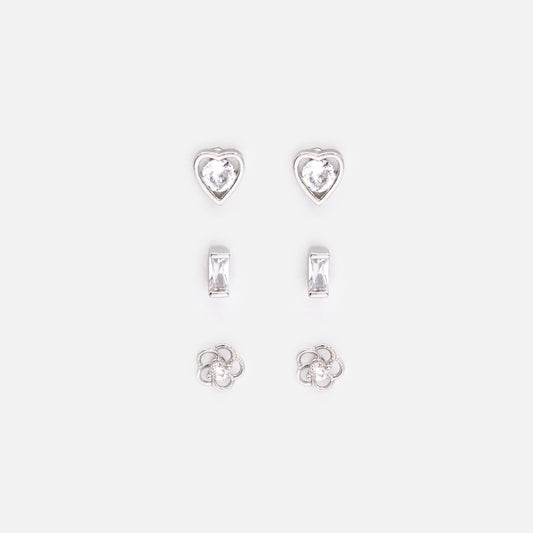 PR253E017SL - Delicate silvered earrings trio with cubic zirconia