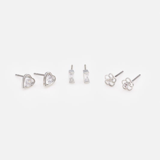 PR253E017SL - Delicate silvered earrings trio with cubic zirconia