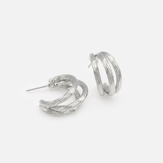 PR253E019SL -  Silvered triple hoop earrings with grooves