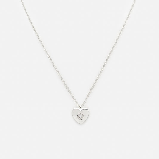 PR253N026SL - Thick heart charm silvered necklace with cubic zirconia