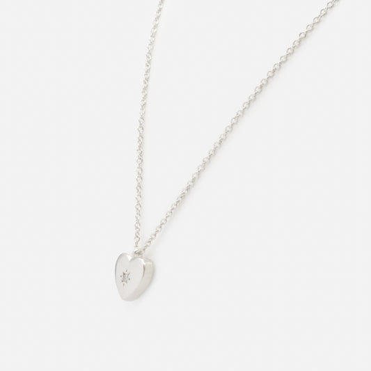 PR253N026SL - Thick heart charm silvered necklace with cubic zirconia