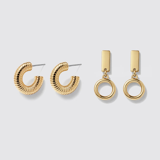 Set of 2 Gold-Tone Hoop and Drop Earrings